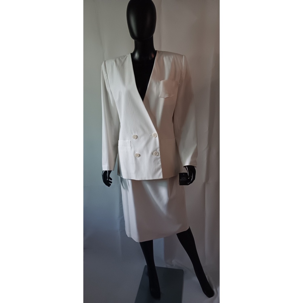 Vintage Le Suit Off White Skirt Suit Size 8 Grid Pattern Double Breasted KS0304 - Picture 5 of 6